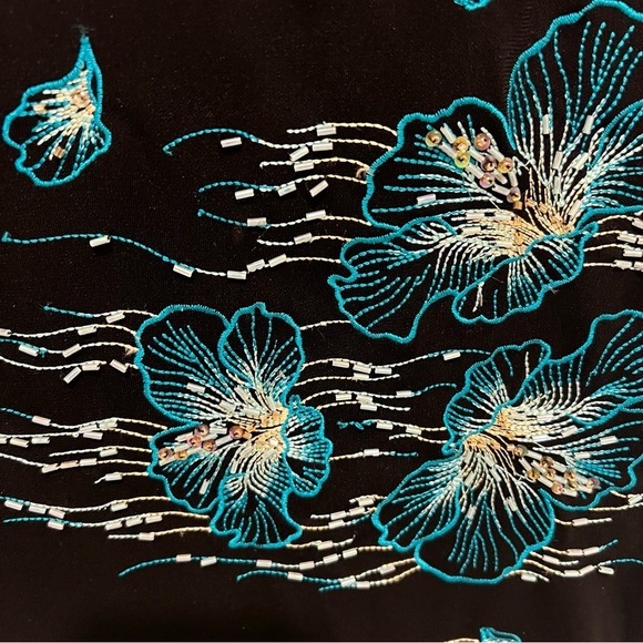 BCBGMaxAzria Black Dress with Blue Floral Embroidery Mermaid Y2K Built in Bra - Picture 2 of 7